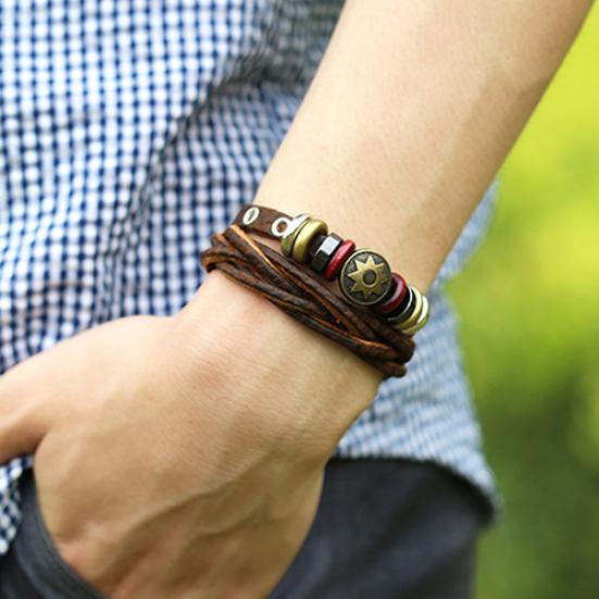 Pánský Vintage pletený kožený náramek Punk Star Rope Vícevrstvý Warp Manžetový náramek