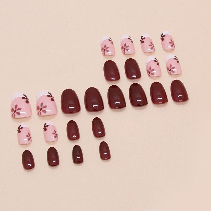 Fake Nails Wear Nail Pieces Chocolate Brown French Fake Nails Flower Simple Removable Pieces 24 Pieces