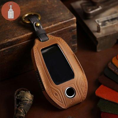 HALLMO Capa de chave de carro de couro de luxo feita à mão para chave LCD BMW