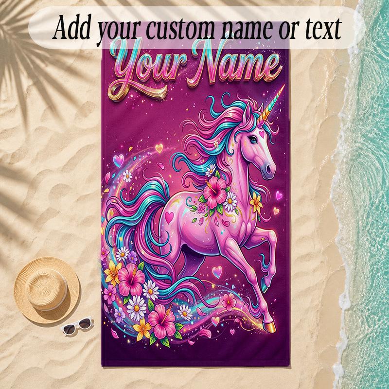 Unicorn Theme Soft Beach Towel Personalized Custom Name Text Towel Portable for Beach Pool Travel