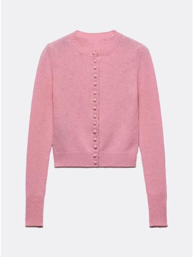 Women's Fashionable Multi-Button Cashmere Wool Knit Cardigan with Layered Crew Neck