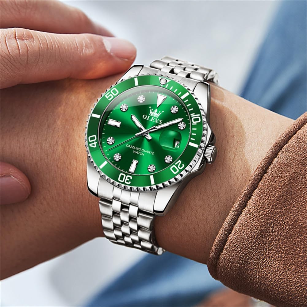 OLEVS Waterproof Quartz Analog Watch with Date Silver Stainless Steel Large Green Business Fashion Stylish and Watch for Men Rotating Men's Display,