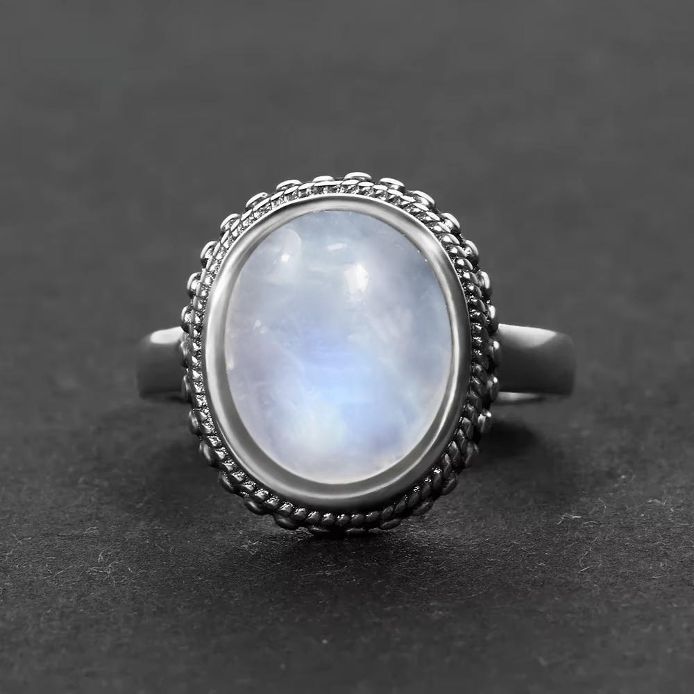 Vintage 925 Sterling Silver Natural Moonstone Rings Bohemia Oval Shape Retro Ring Gifts Fine Jewelry for Women Men