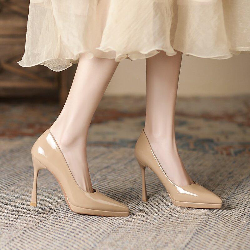 Pointed Temperament Waterproof Table Stiletto High Heels 2025 New Nude 11cm Internet Celebrity Sexy Patent Leather Single Shoes Women