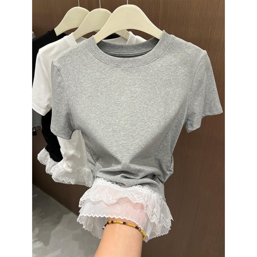 Special Xiaohongshu cotton elastane white lace splicing front shoulder short sleeve t-shirt women