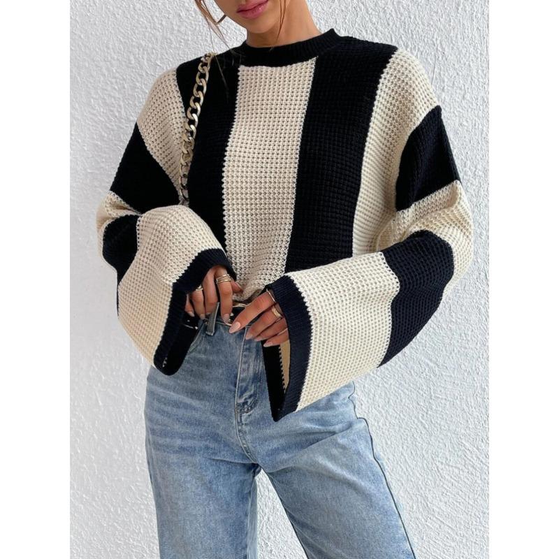 Damski Sweter Dzianinowy Casualowy w Paski Patchworkowy Okrągły Dekolt Rozszerzane Długie Rękawy Luźny Modny Dzianinowy Top Casualowy Wszechstronny Miękki Stylowy Sweter Dzianinowy Płaszcz