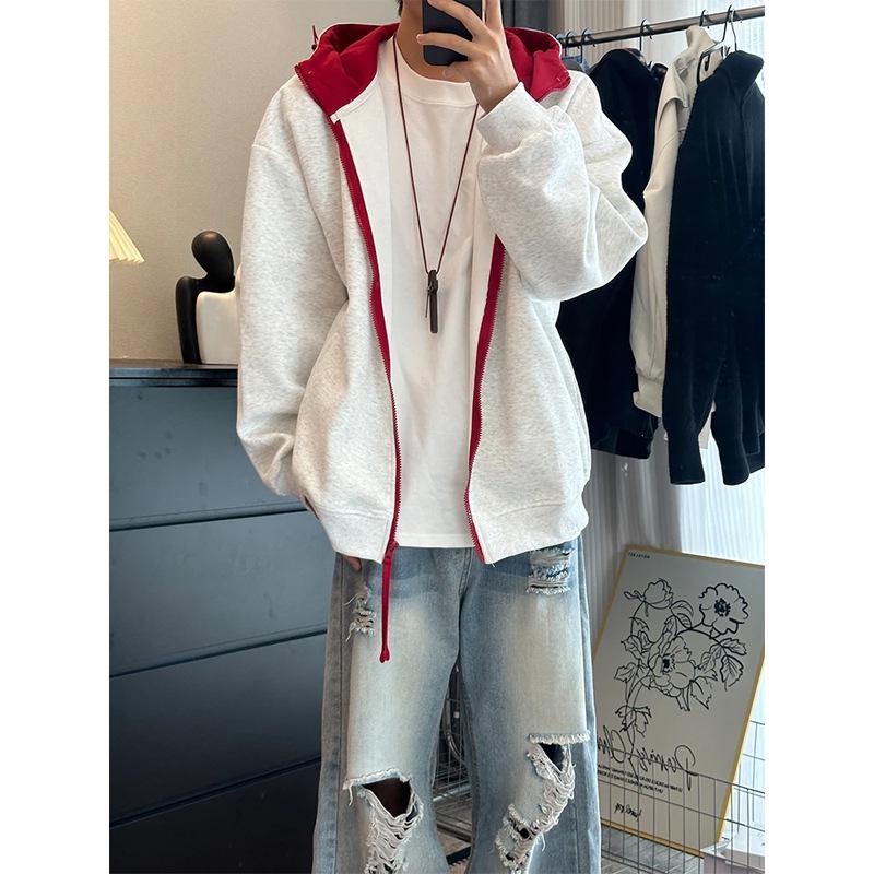 Men s Color-Blocked Fleece-Lined Hooded Cardigan Jacket - Autumn/Winter Heavyweight Casual Wear Large (L)