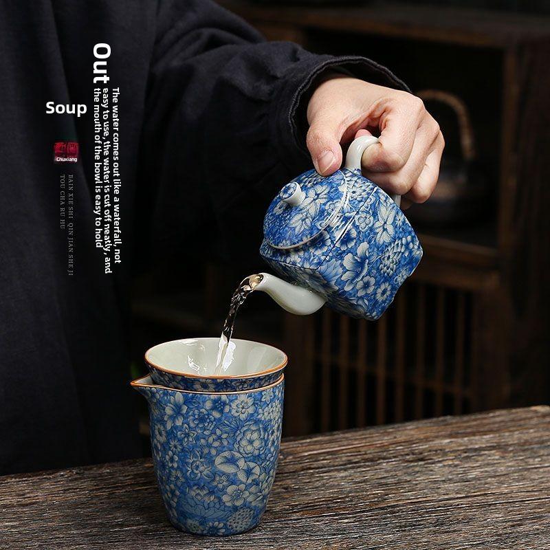 Old clay blue and white teapot ceramic kung fu tea set large Chinese single pot simple household antique manual tea infuser