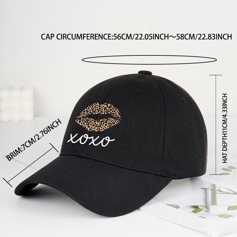 Leopard-Print Lips Xoxo Printed Soft-Peaked Baseball Cap Soft, Comfortable, Adjustable Sexy, Trendy, Cool, Sweet, Edgy, Retro, F