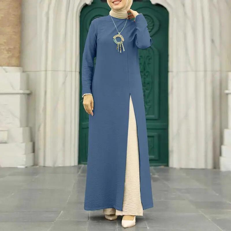 Elegant Ice Silk Crinkle Long Sleeve High-Slit Dress for Muslim Women