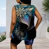 Women Plus Size Blue Black Abstract Printed Scoop Neck Sleeveless Tank Top Fitted Shorts Two Piece Set