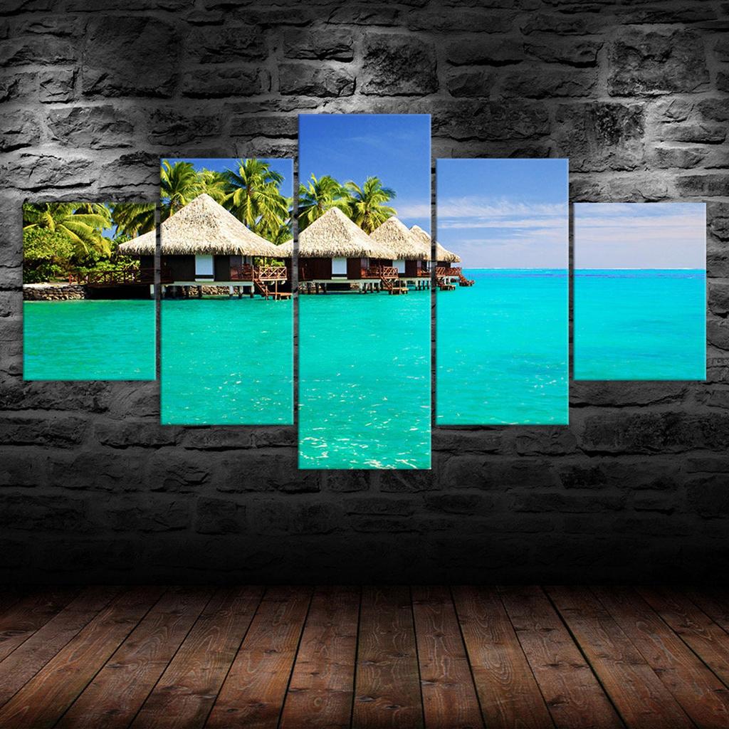 Maldives Island Palm Trees Resort Seascape 5 Piece Five Panel Wall Canvas Print Modern Art Poster Home Decor Gift For Him For Her