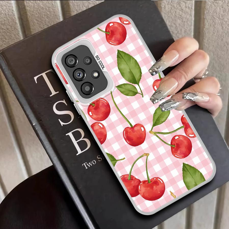 Case for Samsung Galaxy A12 A31 A24 A25 A17 A20s A26 A13 A14 A35 A21s A23 A15 A16 A34 Phone Cover Cherry Checkered Pattern