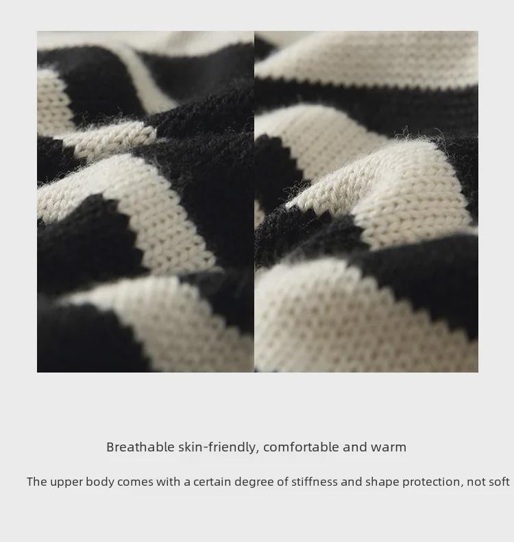 Women's Black & White Striped Turtleneck Sweater – Loose, Warm, Slit Pullover for Spring & Autumn, Trendy Inner Wear.