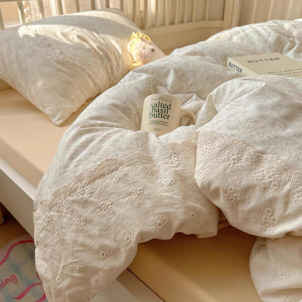 French Style Lace Bedding Set 3/4PCS - Wash Cotton Duvet Cover & Pillowcases Soft Breathable Active Printing for Home Bedding