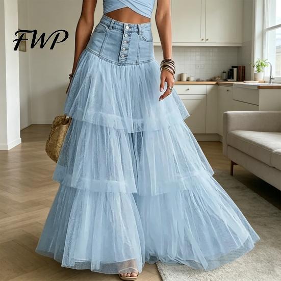 Long Skirt Women Skirt, High Waist Mesh Splicing Soft Breathable Patchwork Hip Covering Maxi Versatile for Party Beach Wedding Night Out Comfortable