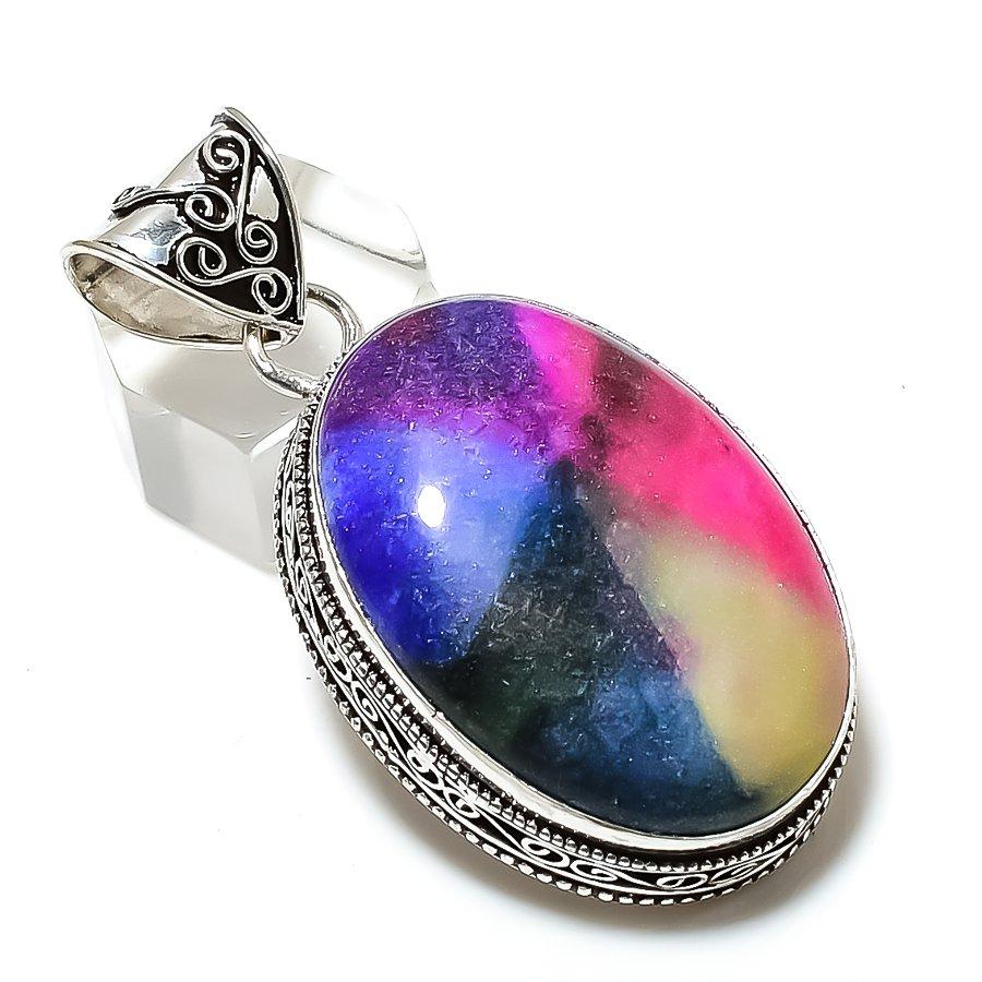 Rainbow Solar Quartz Gemstone Handmade 925 Sterling Silver Pendant 2.17" g5D29