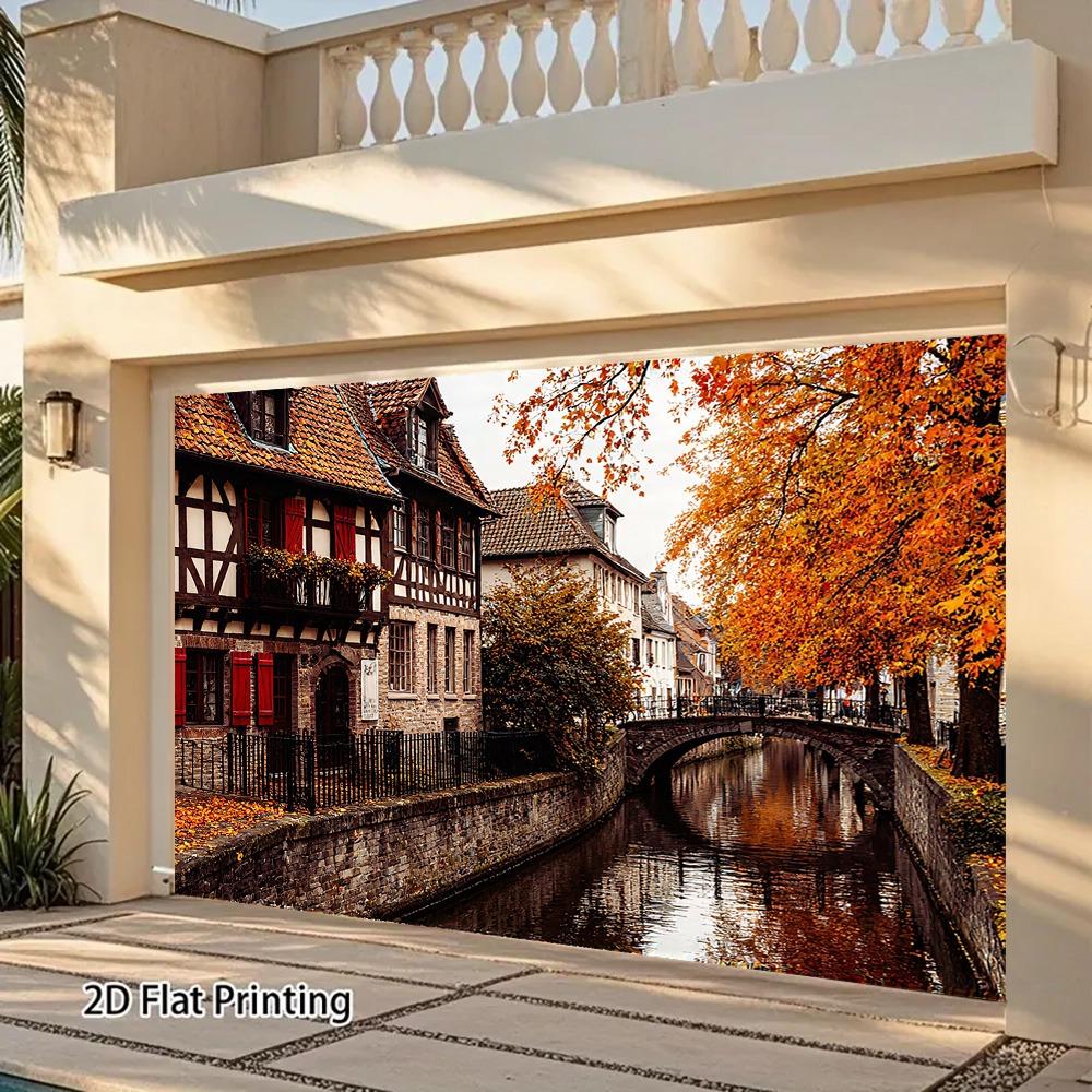 Autumn Canal Town with Half Timbered Houses Wall Tapestry 2D Flat Print European Village Art Nature Decor Home Interior Hanging