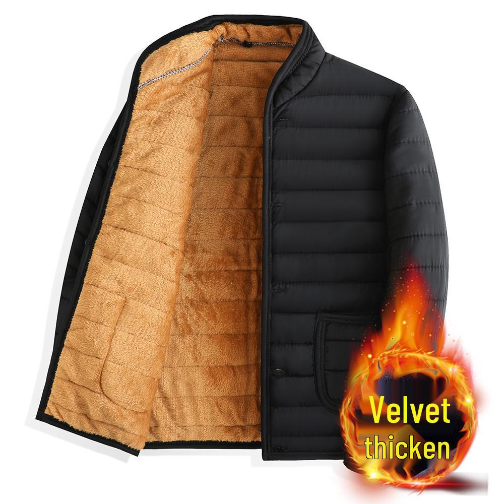 Winter Cotton-Padded Jacket with Fleece and Wool Lining for Middle-Aged and Elderly Men - Stand-Up Collar, Home Wear