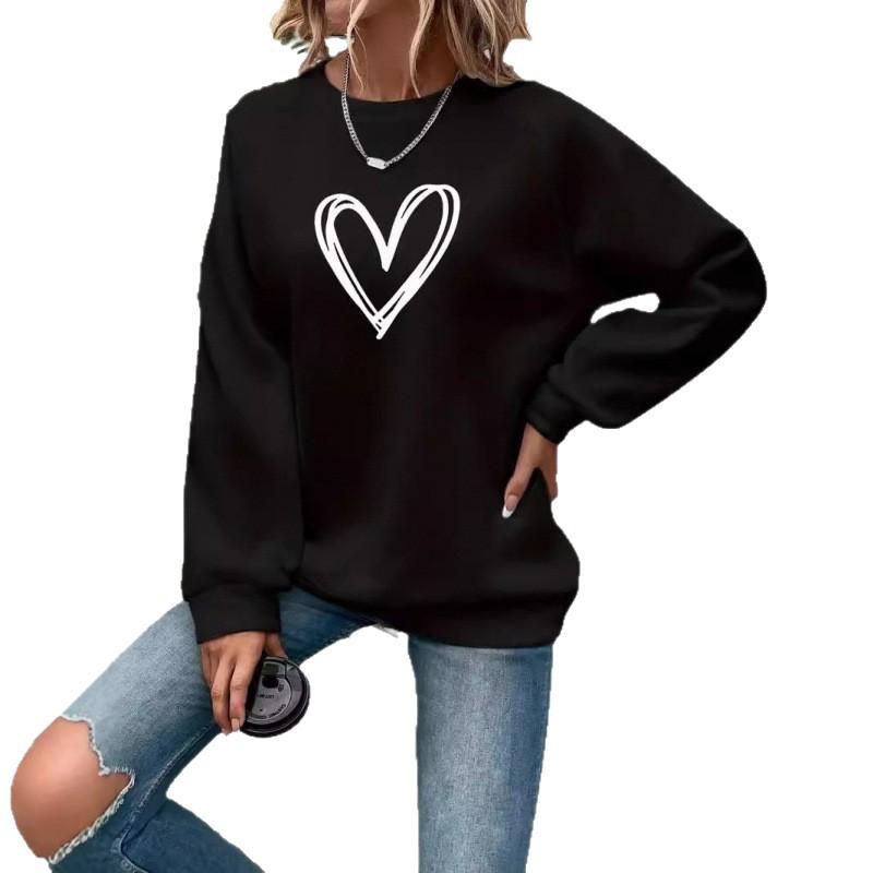 Heart Print Crew Neck Long Sleeve Fleece Sweatshirt - Women's Clothing 2025