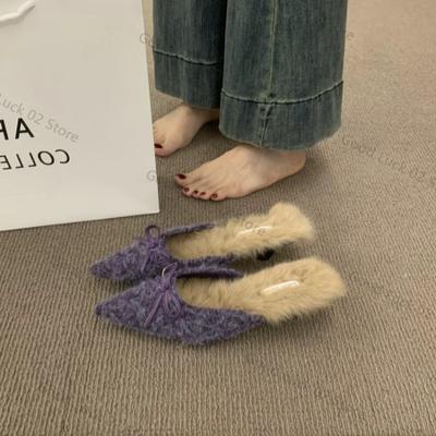 Mode 2025 Hoge Hak Pluche Slippers Vrouw Mode Elegant Puntige Neus Lamshaar Pantoffels Dames Luxe Pluche Avondfeest Pomp Schoenen