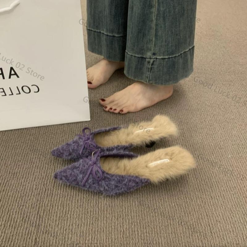 Fashion 2025 High Heel Plush Slides Woman Fashion Elegant Pointed Toe Lamb Hair Slippers Ladies Luxury Plush Evening Party Pump Shoes