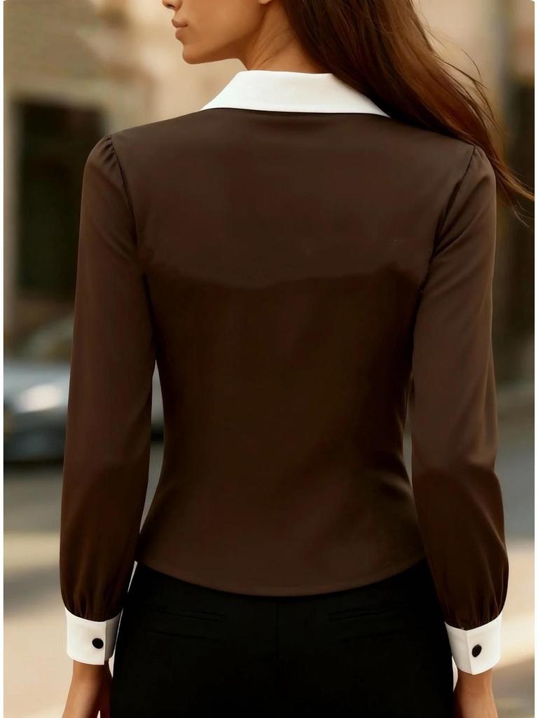 European 2025 Fashion Slimming Color Block Long Sleeve Women's Shirt