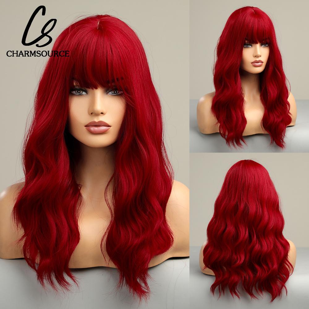 CharmSource Lange natürliche gewellte Perücke mit ordentlichem Pony/Fransen für Frauen, rosa Haar, synthetische Perücken, Cosplay, Party, hitzebeständige Faser