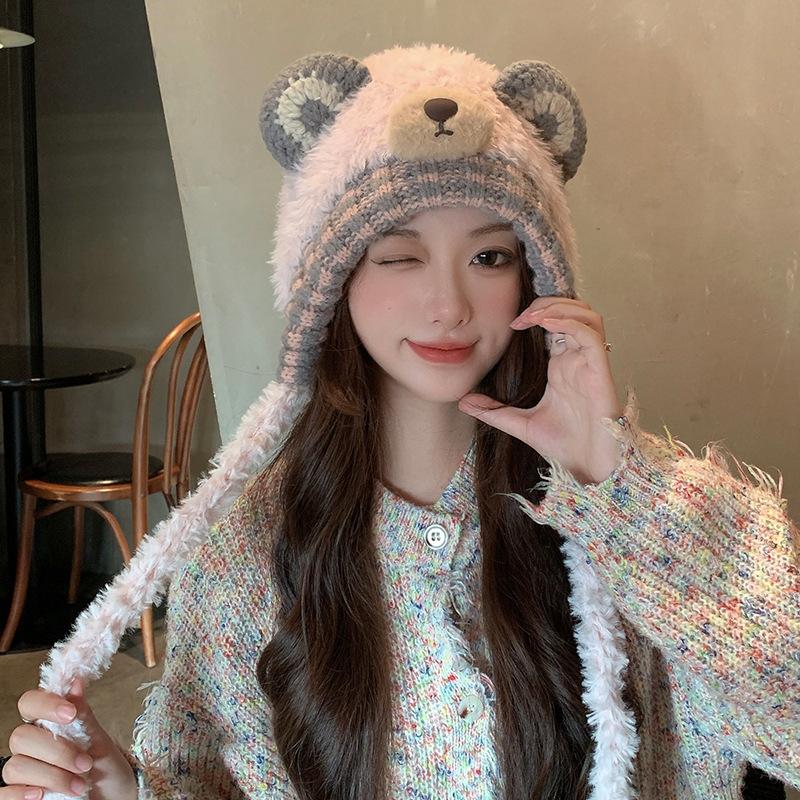 Cartoon Cute Bear Knitted Woolen Hat Thickened and Warm for Autumn and Winter  Lei Feng Hat Japanese Style Plush Pullover Cold Hat