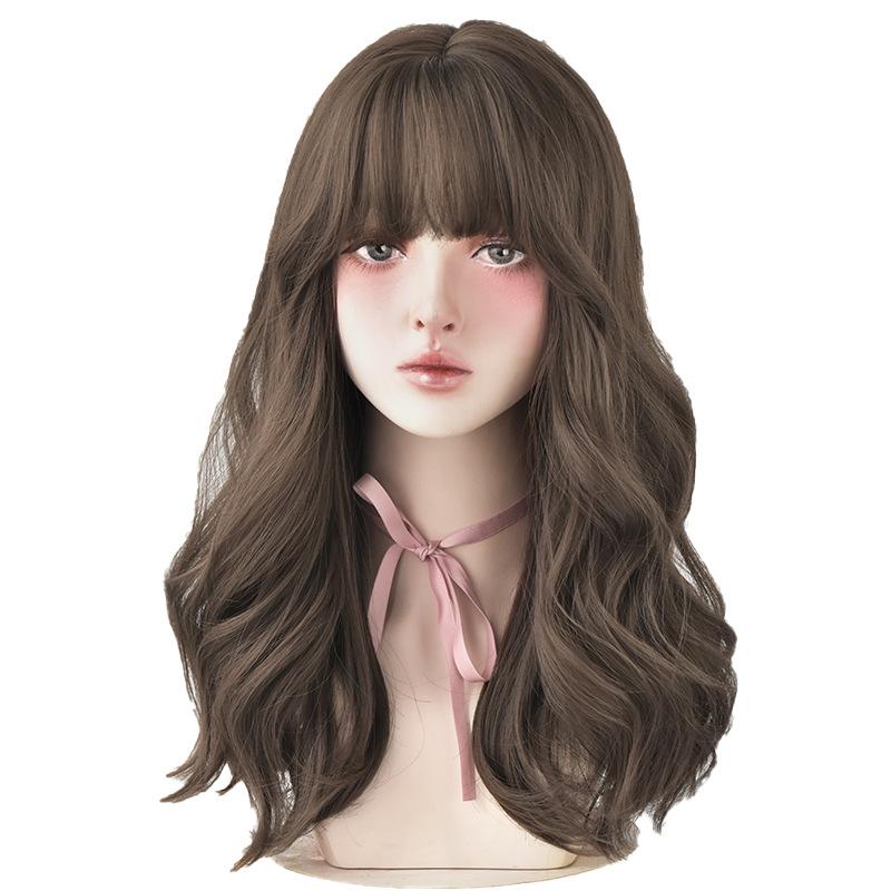 Women's Fashion Front Lace Heat Resistant Fluffy Wig Ladies Daily Use Natural Looking Synthetic Fiber Long Wavy Wig with See Through Bangs