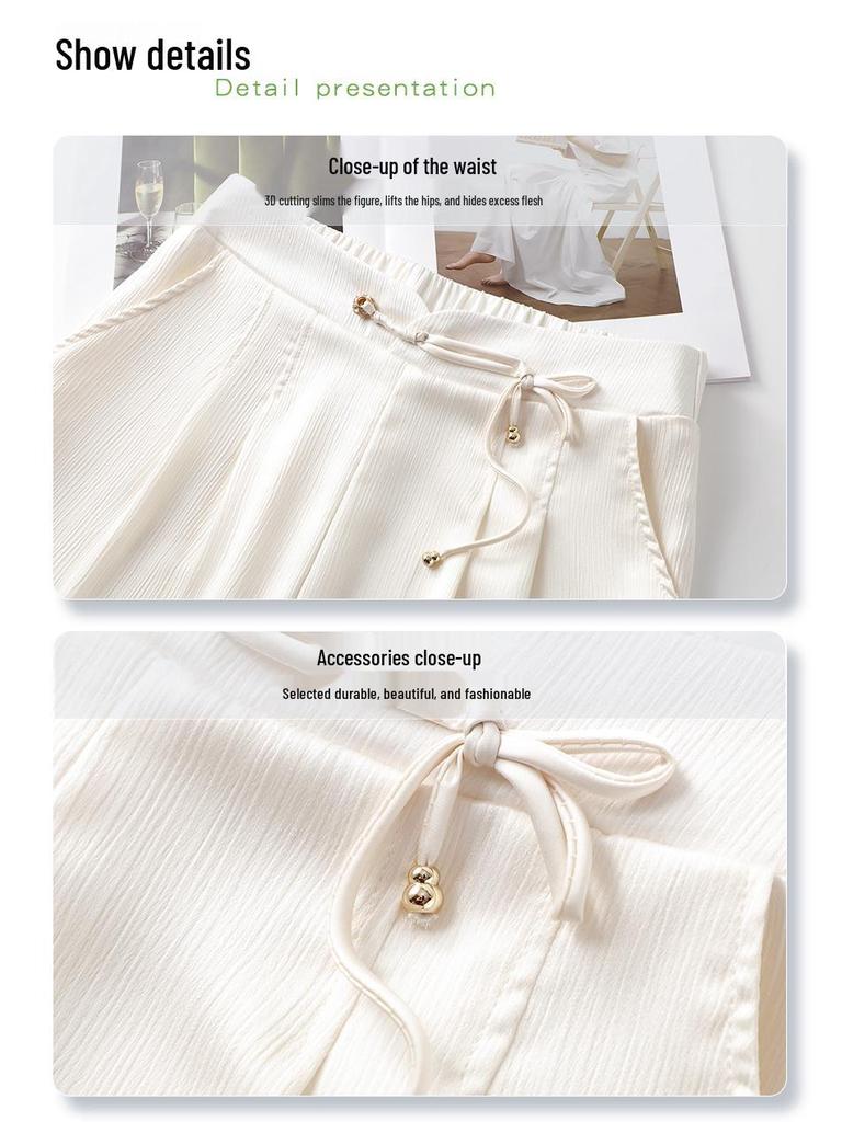 Sommer 2025 Damen Weiße Eis-Seide Weitbein-Hose: Schlankmachend, Locker, Chinesisch-Stil Gerade Hose