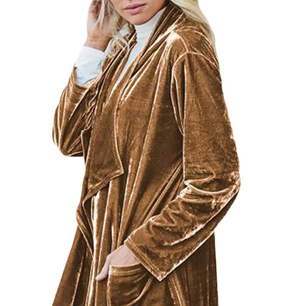 Damen Uni Langarm Samtjacke Offene Vorderseite Strickjacke Mantel mit Taschen Oberbekleidung