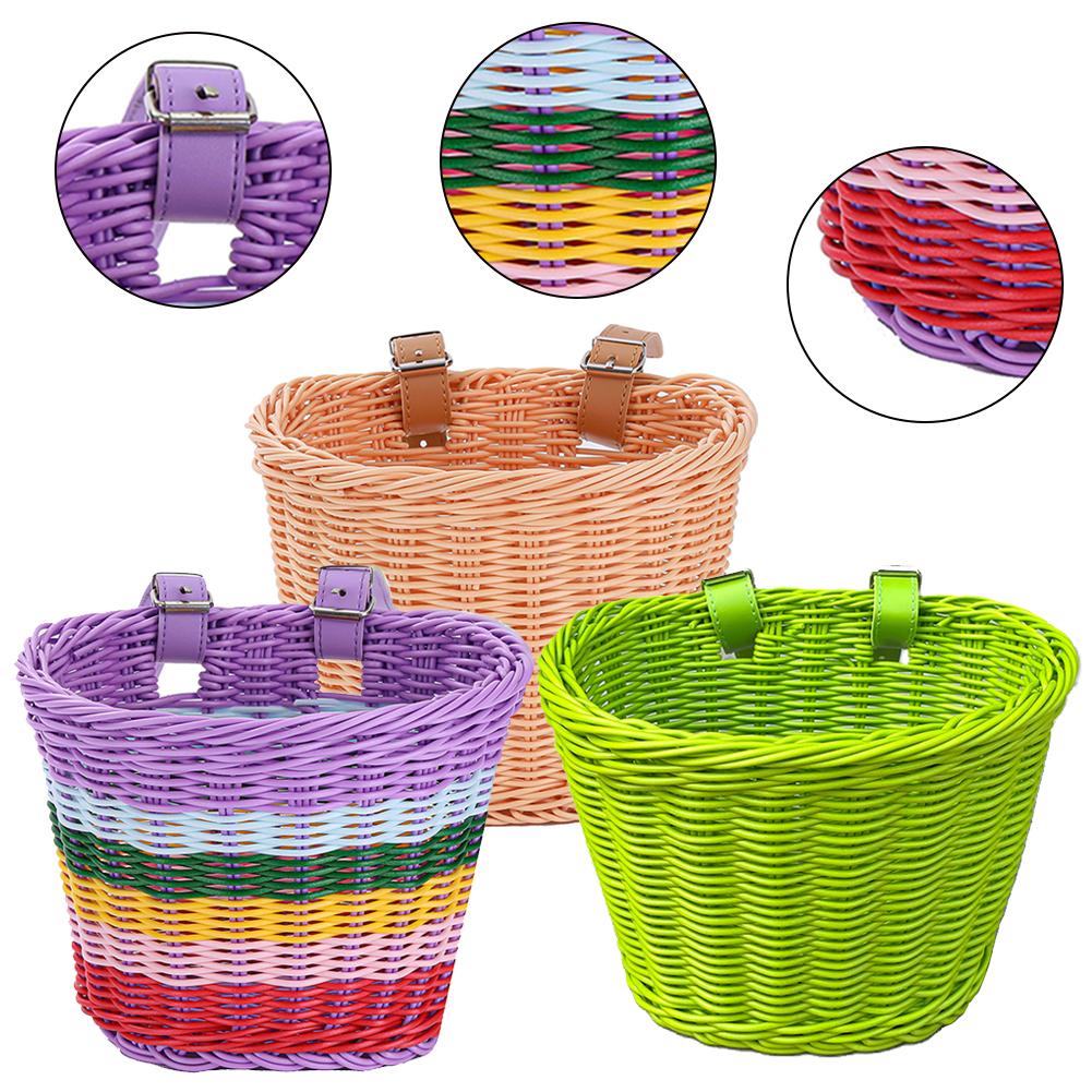 4pcs/Set PE Rattan Wicker Bicycle Front Basket+Bell+Tassel+Stickers Adjustable Handwoven Kid Adult Bike Handlebar Accessories