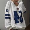 Relaxed Fit V-Neck Graphic Sweatshirt Women - Oversized Streetwear Casual Long Sleeve Top In White
