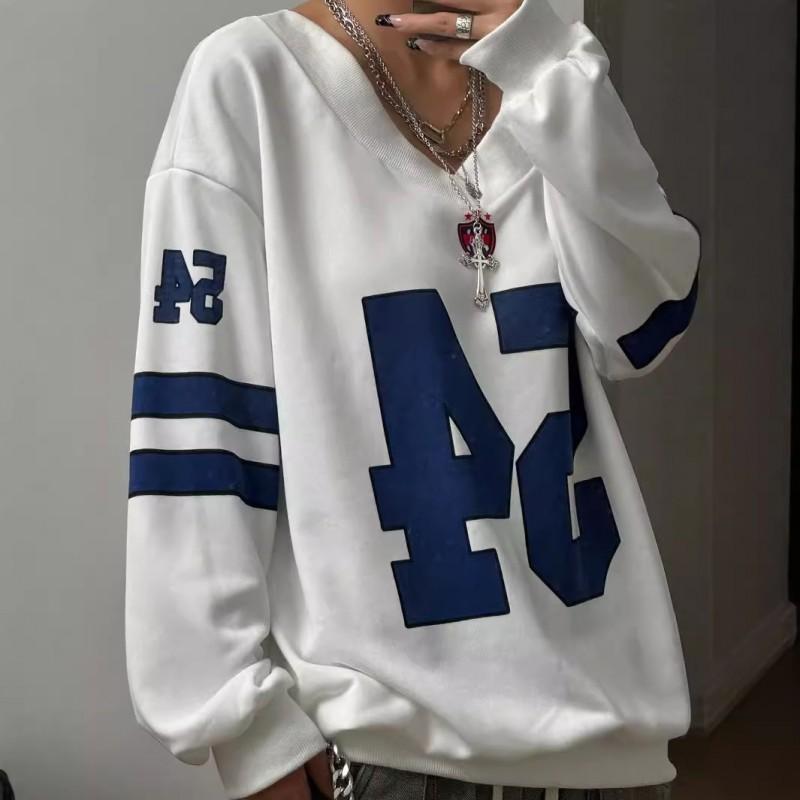 Relaxed Fit V-Neck Graphic Sweatshirt Women - Oversized Streetwear Casual Long Sleeve Top In White