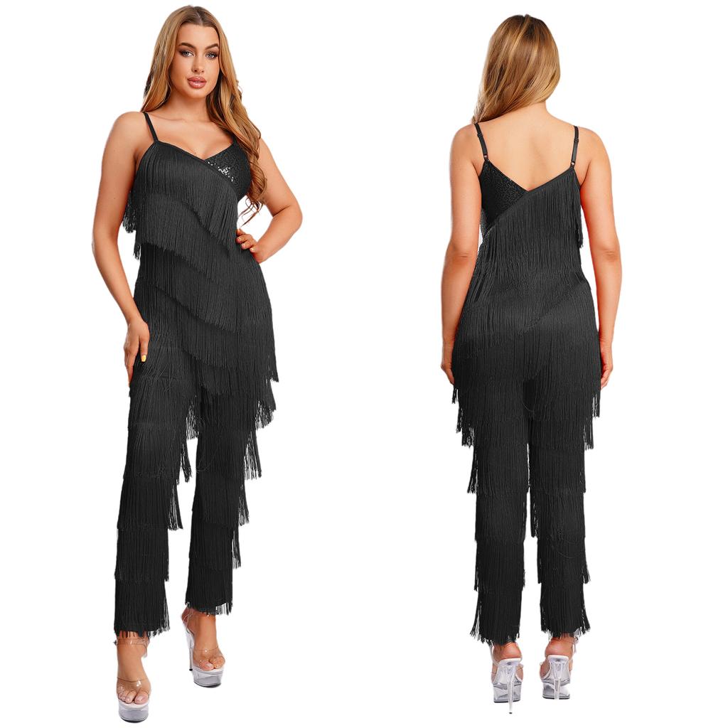 Women’s Ballroom Latin Bodysuit S-XXL Shiny Sequin Tiered Fringe Cami Jumpsuit Long Pants Unitard for Salsa Cha-Cha Tango Performance