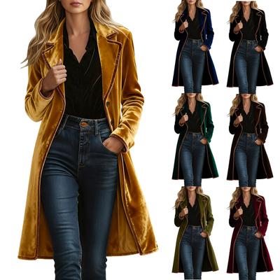 Women's Fashionable Solid Color Lapel Button Pocket Long Gold Velvet Loose Jacket