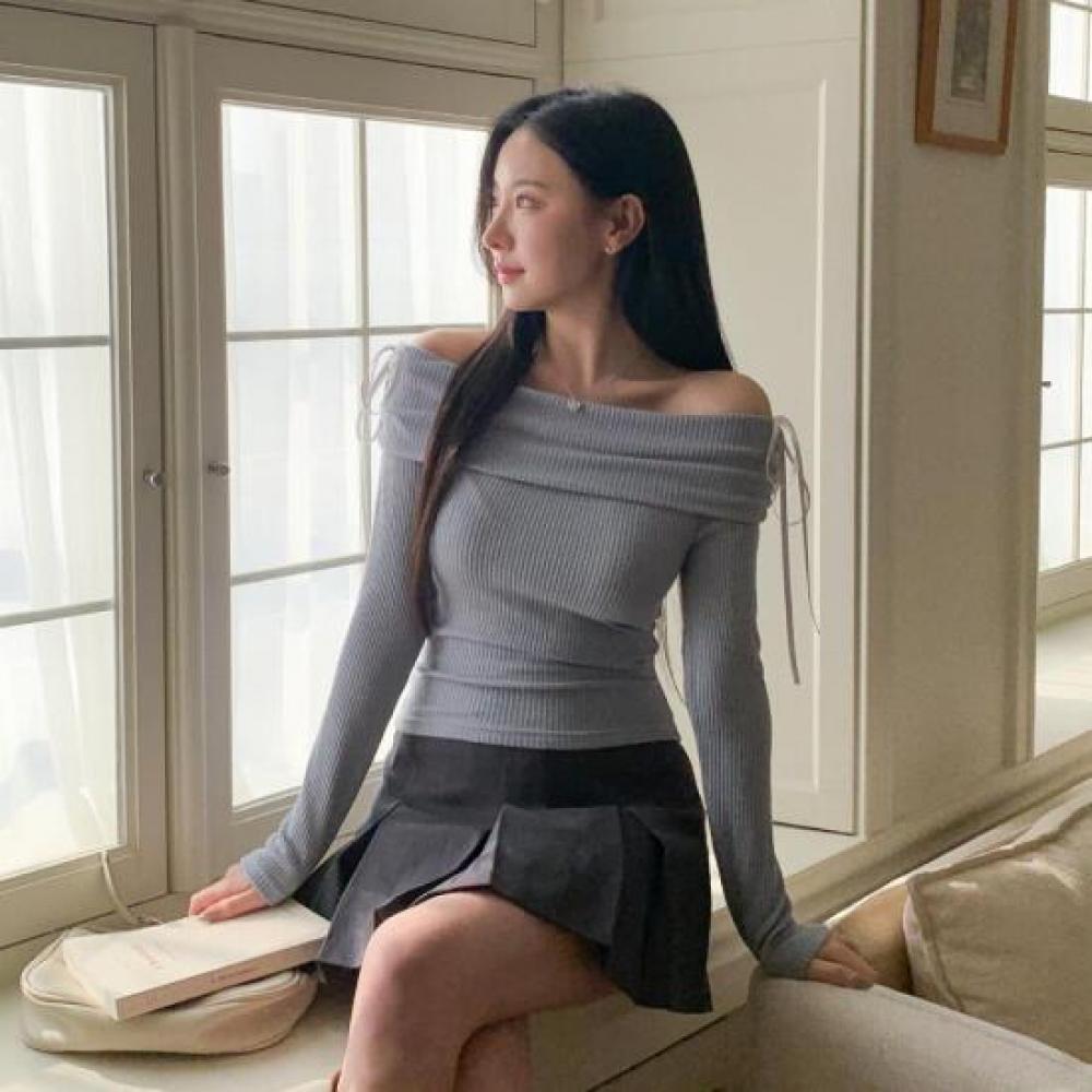 New Arrivals Open Run Off Shoulder T shirT Slim Ribbon decoraTion Ribbed