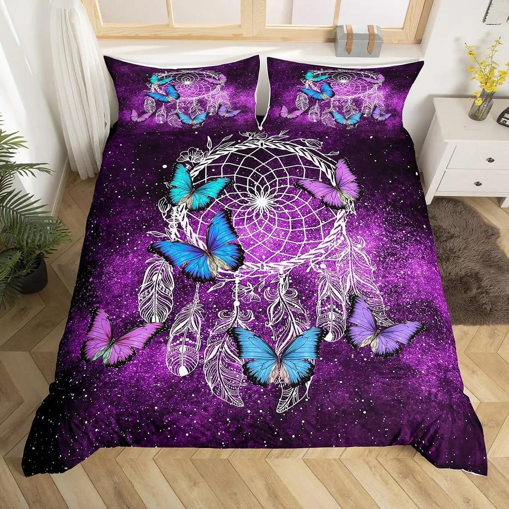 Conjunto de Cama Apanhador de Sonhos Boho Mandala Capa de Edredom Solteiro King, Capa de Edredom Exótica Tribal Pena Céu Estrelado Galáxia