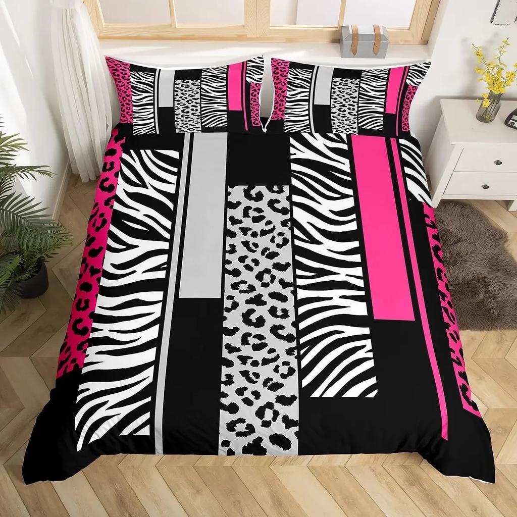 Queen Bedding Set Zebra Stripes Duvet Cover Red Glitter Lips Comforter Cover Girls Women Black White Leopard Print Duvet Set