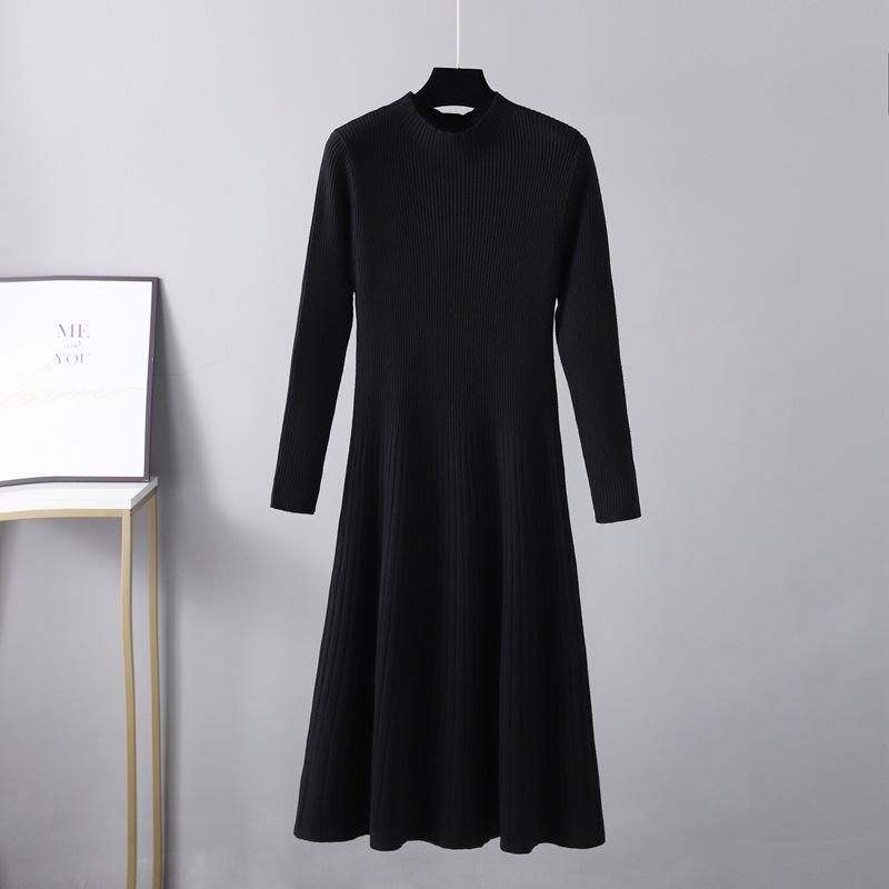 Women Autumn Winter High Neck Long Sleeve Solid Color Slim Knit High Waist Chic Dress
