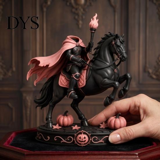 Rosa Gothic Zimmerdeko Kopfloser Fackelritter Figur mit Pferd Kürbis, Harzstatue für Halloween Kaminsims Tischplatte Wohnkultur, Geschenk Sammler