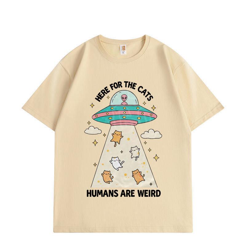 Funny Here for The Cats Humans Are Weird T-shirt Fashion Vintage Short Sleeve T-shirts Men Women Loose Cotton T Shirts