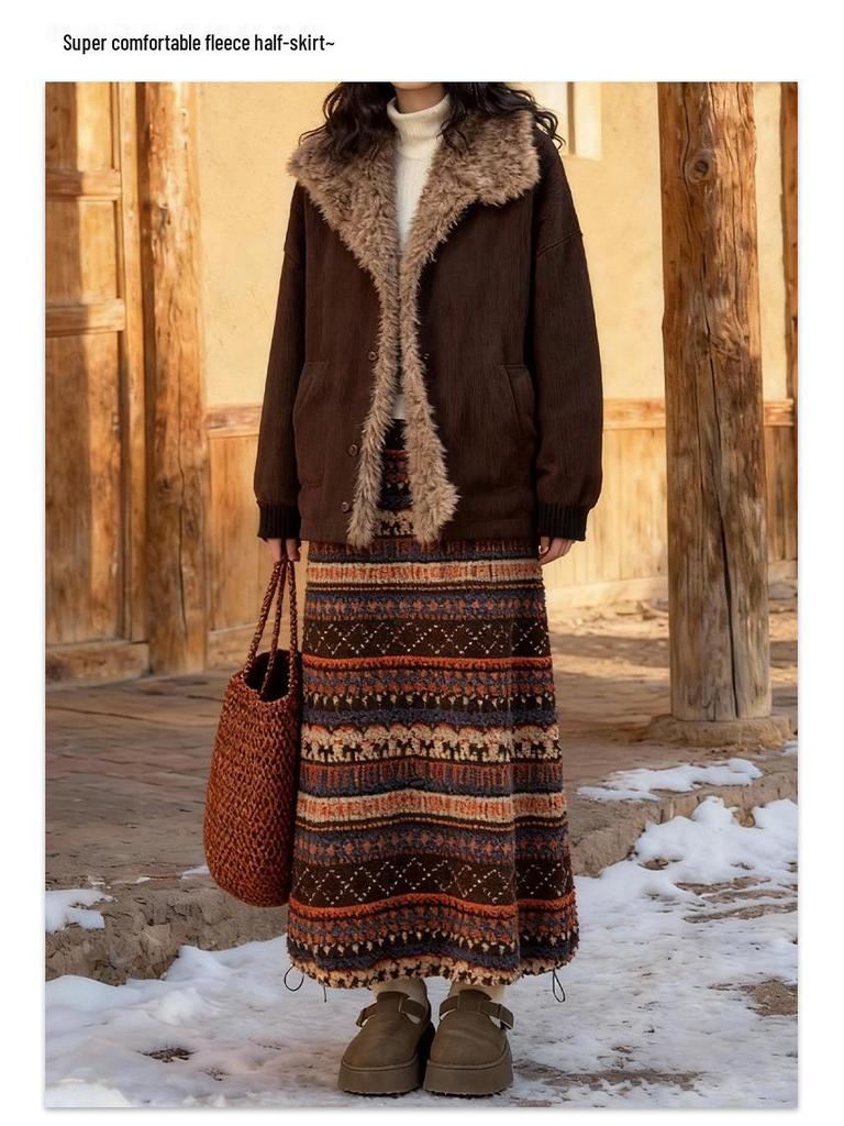 Fair Isle Fleece Two-Way High-Waisted Lantern Skirt for Women, Autumn/Winter Collection