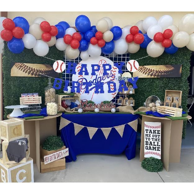Set of 2 Pre-Strung Baseball Happy Birthday Banner - Blue Glitter Baseball Themed Birthday Party Decorations Supplies for Boys or Girls, Photo Booth