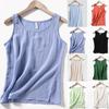 Women's Summer Casual Fasion Color Sleeveless O-neck Stitching Cotton And Linen Vest Top