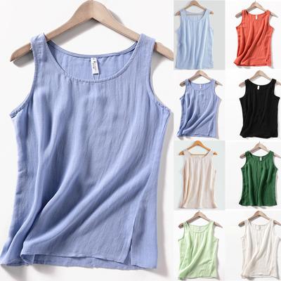 Women's Summer Casual Fasion Color Sleeveless O-neck Stitching Cotton And Linen Vest Top