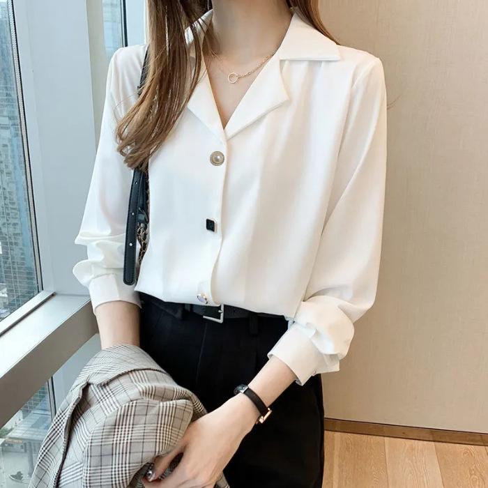 Women s Versatile Long Sleeve Solid Color Casual Shirt - Slimming, Loose Fit with Lapel Collar. S белый