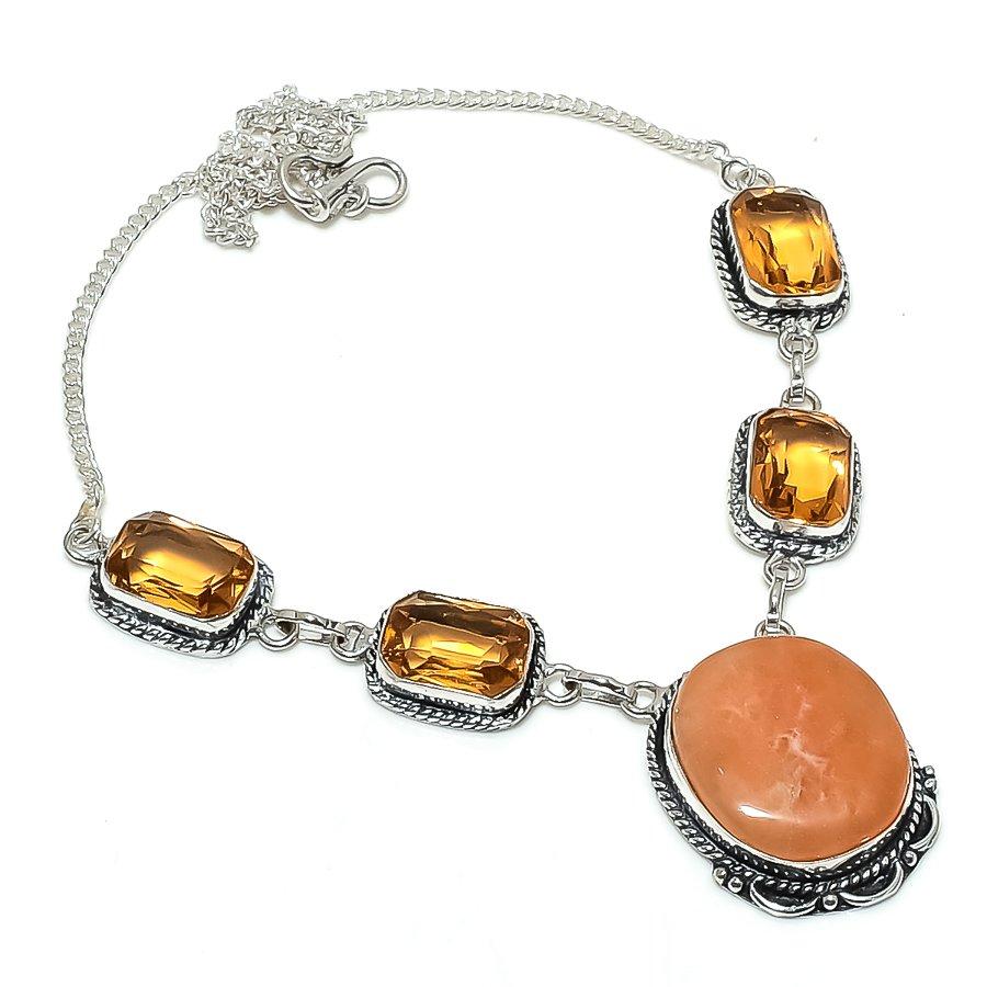 Natural Orange Aventurine, Citrine 925 Sterling Silver Jewelry Necklace 18" O0g84