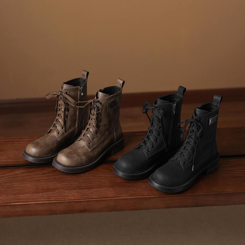 Krazing Pot Genuine Leather Winter Round Toe Western Boots Med Heels Women Cross-tied Lace Up Women Ankle Boots